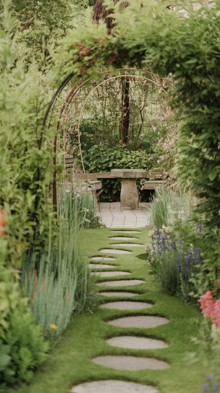 A beautiful small garden pathway with stepping stones leading to a cozy seating area.