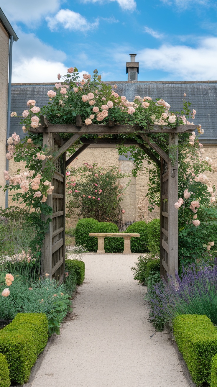Wooden arbor covered with pink roses in a courtyard garden