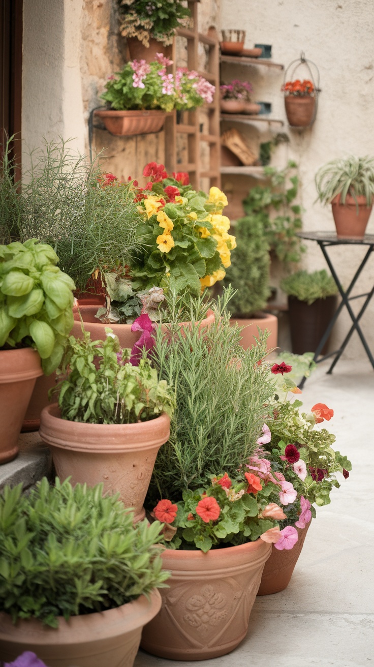 A collection of terracotta pots filled with herbs and colorful flowers in a French courtyard garden.