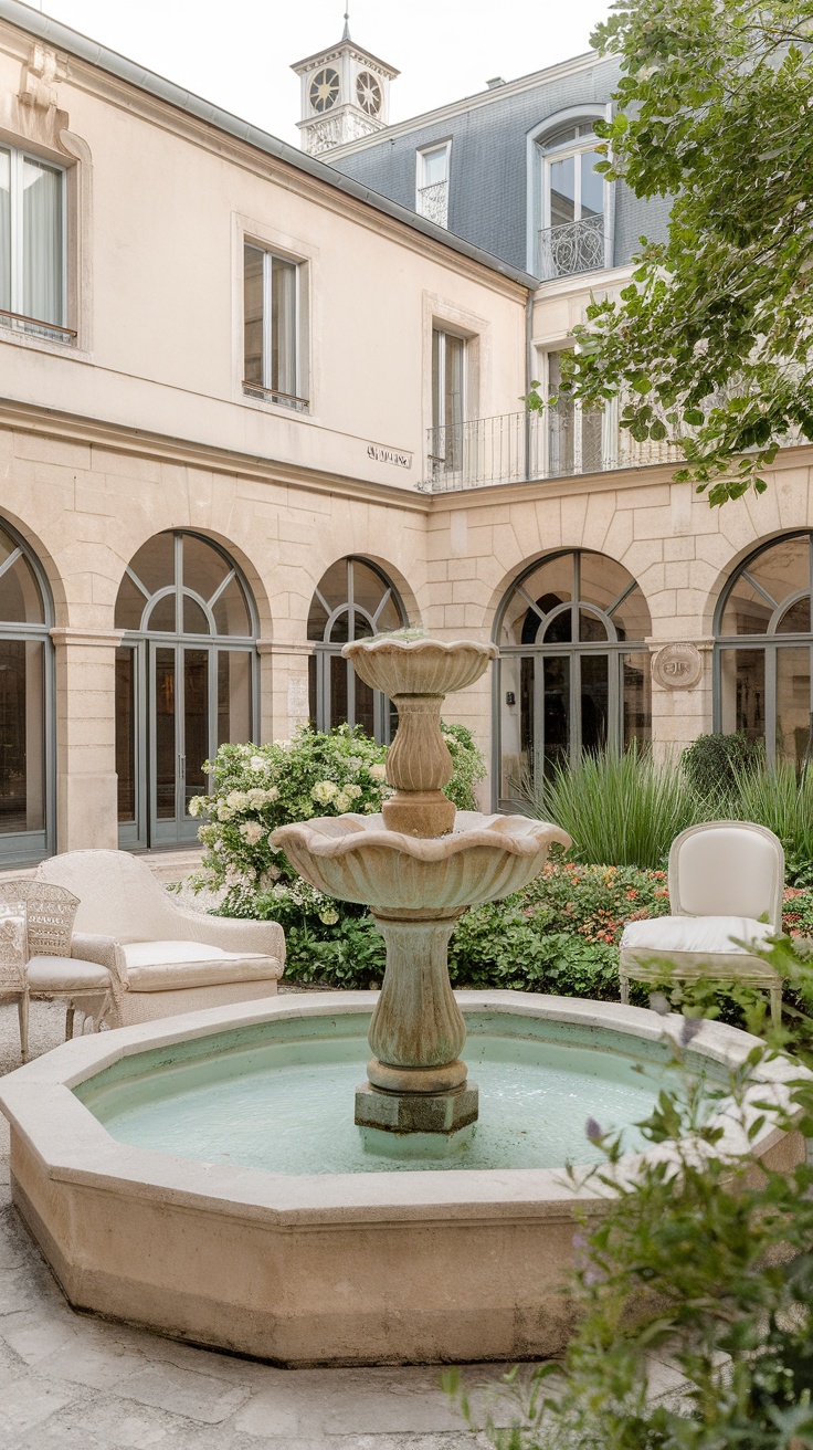 A serene courtyard garden featuring an elegant fountain surrounded by greenery and seating.