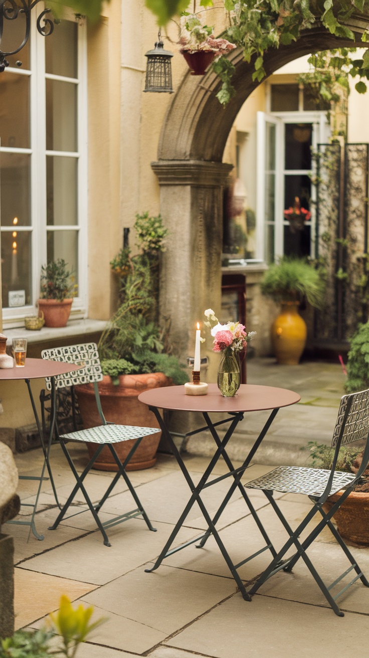A charming courtyard garden with bistro seating, featuring a small table and decorative chairs surrounded by plants.