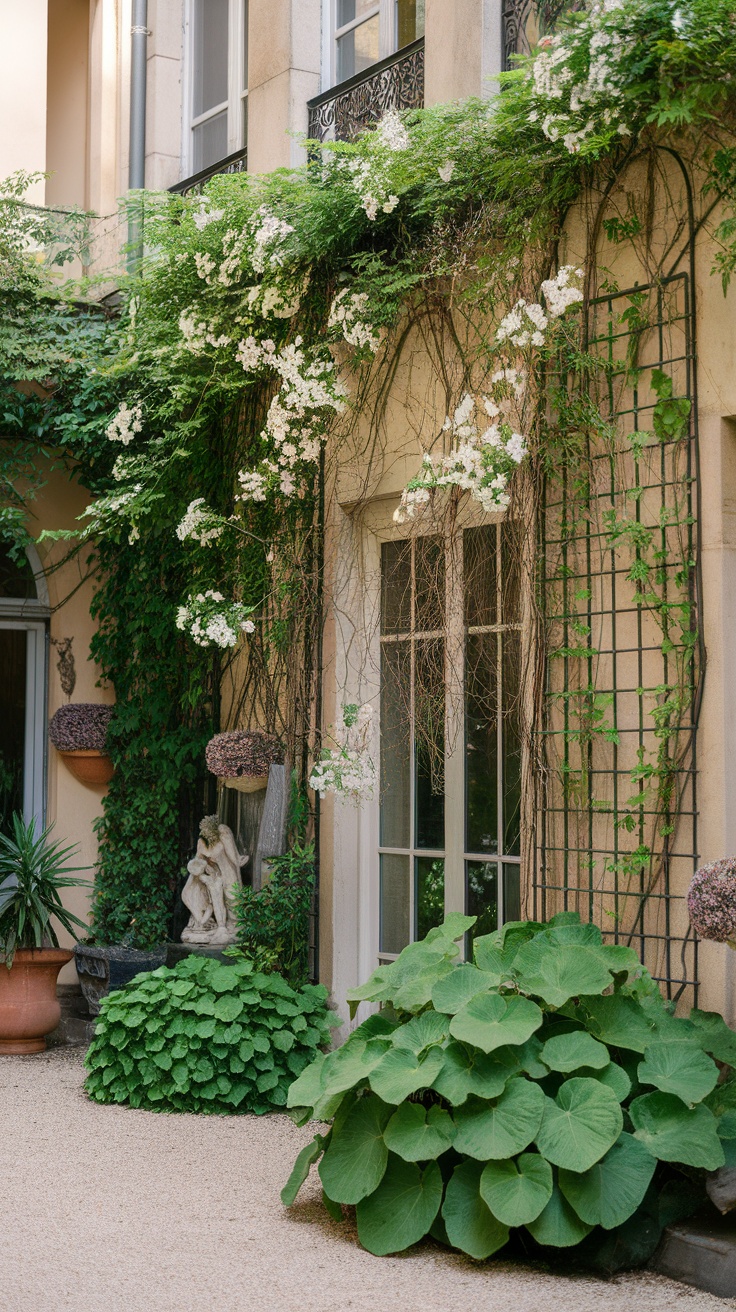 Lush greenery and climbing vines in a French courtyard garden.