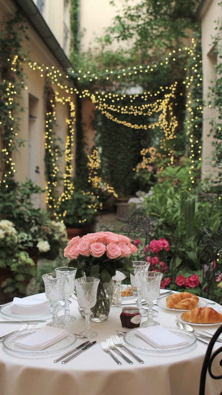 Elegant dining setup in a French courtyard garden with flowers and string lights.