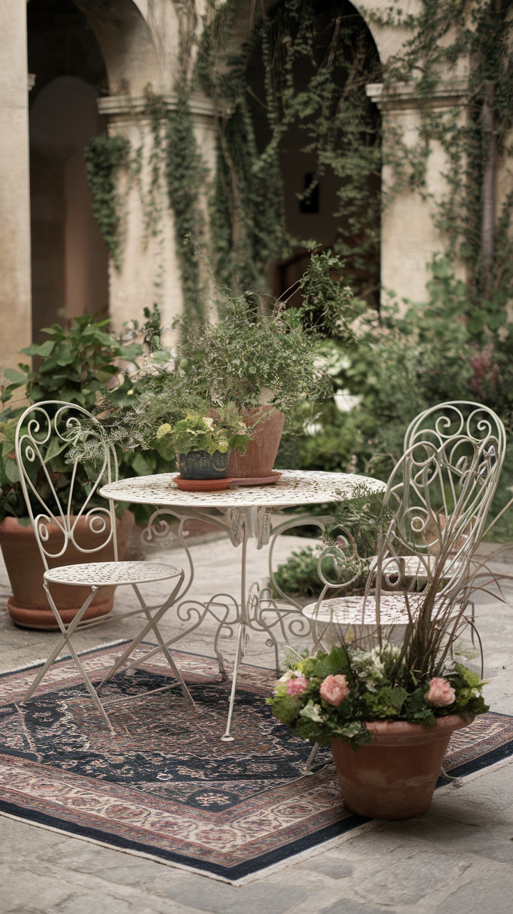 A vintage wrought iron table and chairs in a lush courtyard garden.