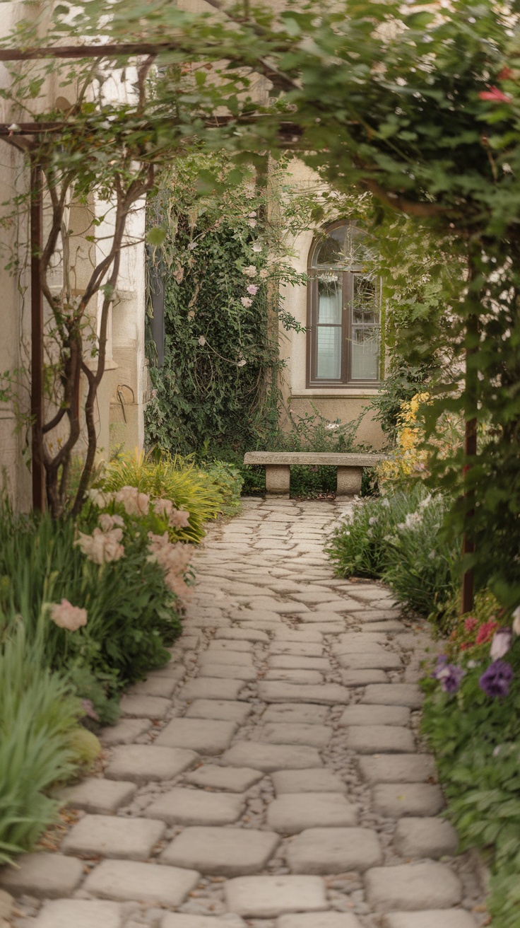 A picturesque cobblestone pathway in a French courtyard garden, lined with greenery and flowers, leading to a stone bench.
