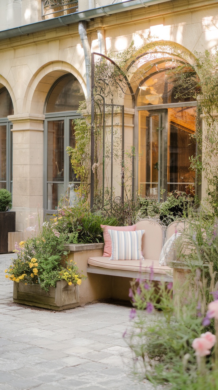Cozy sunlit garden nook with a bench surrounded by flowers and cushions