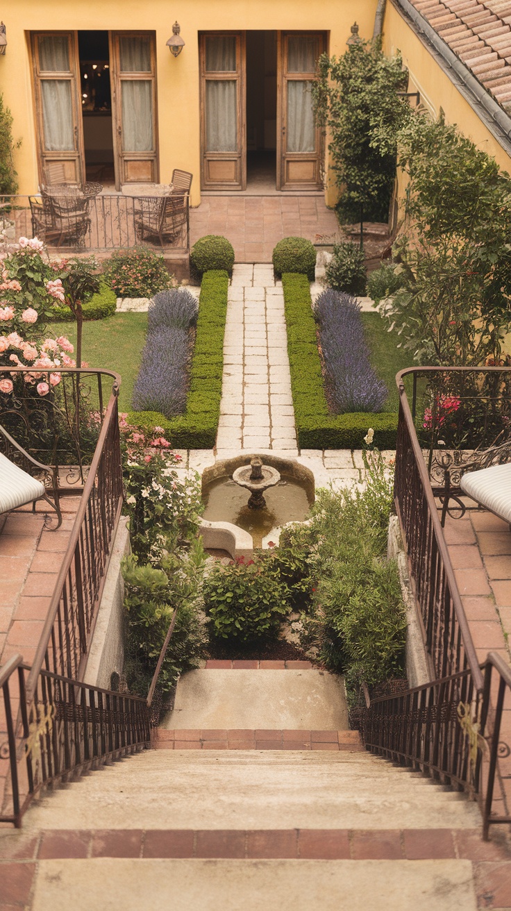 A beautifully arranged French courtyard garden with a terrace, featuring flowers, greenery, and a fountain.