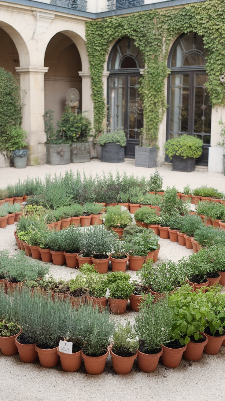 A spiral arrangement of potted herbs in a courtyard garden.